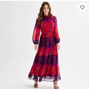 Maison Tara Long-Sleeve Floral Maxi Dress in Fuchsia and Plum